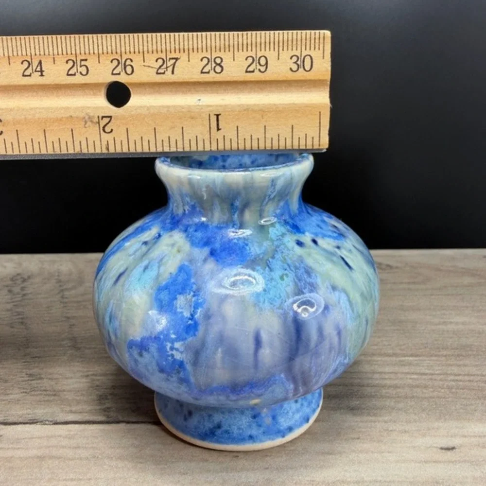 JSP Studio Pottery Bud Vase Blue Drip Glaze Ceramic Small Bud Vase Vessel 3 Inch